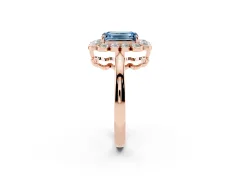 Fancy Blue Emerald Cut Diamond Halo Cluster Engagement Ring Set in Rose gold with Solitaire Band and Prong Setting