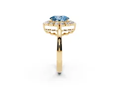 Fancy Blue Oval Cut Diamond Halo Cluster Engagement Ring Set in Yellow gold with Solitaire Band and Prong Setting