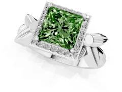 Fancy Green Princess Cut Diamond Halo Floral Band Ring Set in Silver with Prong Setting