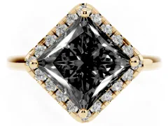 Fancy Black Princess Cut Diamond Halo Engagement Ring Set in Yellow gold with Pavé Band and Rising Shoulders