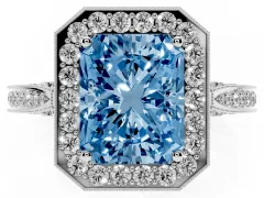 Fancy Blue Radiant Cut Diamond Halo Engagement Ring Set in White gold with Accent Split Shank Band