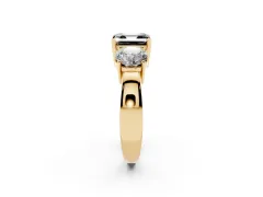 Fancy Black Asscher Cut Diamond Three-Stone Ring Set in Yellow gold with Round Side Stones and Classic Band