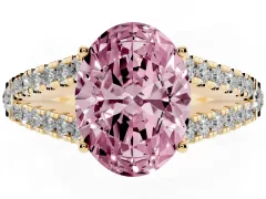 Fancy Pink Oval Cut Diamond Split Shank Pavé Engagement Ring Set in Yellow gold with Prong-Held Center Stone