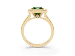 Fancy Green Asscher Cut Diamond Halo Milgrain Pavé Band Ring Set in Yellow gold with Prong Setting