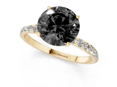 Fancy Black Round Cut Diamond Solitaire Engagement Ring Set in Yellow gold with Round Pavé Band and Prong Setting