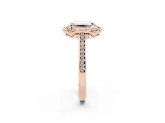 Emerald Cut Diamond Halo Ring Set in Rose gold with Pavé-Lined Shoulders and Prong Setting