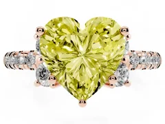 Fancy Yellow Heart Cut Diamond Three-Stone Pavé Ring Set in Rose gold with Prong Setting
