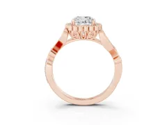 Cushion Cut Diamond Halo Ring Set in Rose gold with Leaf Motif Split Shank and Prong Setting