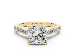 Cushion Cut Diamond Solitaire Ring Set in Yellow gold with Brilliant Pavé Band and Prong Setting