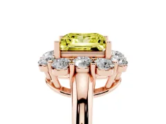 Fancy Yellow Princess Cut Diamond Milgrain Halo Solitaire Ring Set in Rose gold with Bezel Set Side Stones and Pavé Band