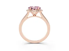 Fancy Pink Oval Cut Diamond Halo Engagement Ring Set in Rose gold with Pavé Band and Rising Shoulders