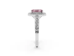 Fancy Pink Emerald Cut Diamond Milgrain Halo Solitaire Ring Set in Platinum with Bezel Set Side Stones and Pavé Band