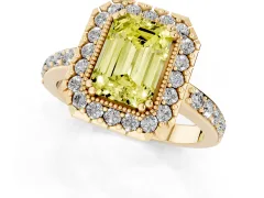 Fancy Yellow Emerald Cut Diamond Halo Ring Set in Yellow gold with Pavé Shank and Prong Setting