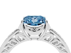 Fancy Blue Princess Cut Diamond Halo Ring Set in White gold with Channel Set Band and Prong Setting