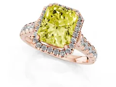 Fancy Yellow Radiant Cut Diamond Halo Engagement Ring Set in Rose gold with Pavé Band and Prong-Set Center