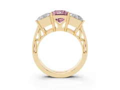 Fancy Pink Princess Cut Diamond Three-Stone Ring Set in Yellow gold with Textured Band