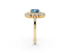 Fancy Blue Princess Cut Diamond Floral Double Halo Ring Set in Yellow gold with Round Petals