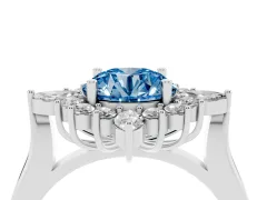 Fancy Blue Round Cut Diamond Cluster Halo Ring Set in Silver with Marquise and Round Accents