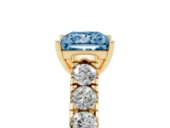 Fancy Blue Princess Cut Diamond Solitaire Ring Set in Yellow gold with Cut-Down Micro Pavé Band and Prong Setting