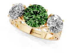 Fancy Green Round Cut Diamond Three-Stone Ring Set in Yellow gold with Textured Band