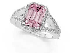 Fancy Pink Emerald Cut Diamond Halo Split Shank Pavé Ring Set in Silver with Prong Setting