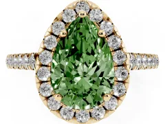 Fancy Green Pear Cut Diamond Pavé Halo Engagement Ring Set in Yellow gold with Pavé Band and Prong Setting