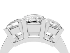 Radiant Cut Diamond Three-Stone Ring Set in White gold with Channel-Set Band and Prong Settings