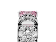 Fancy Pink Emerald Cut Diamond Milgrain Halo Pavé Engagement Ring Set in Silver with Prong Setting