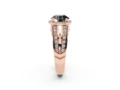 Fancy Black Round Cut Diamond Halo Ring Set in Rose gold with Double Pavé Split Shank