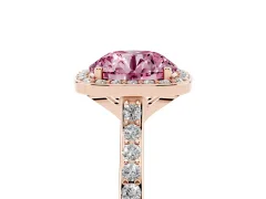 Fancy Pink Round Cut Diamond Halo Engagement Ring Set in Rose gold with Round Pavé Shoulders and Heart Gallery