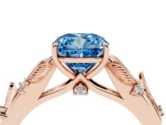 Fancy Blue Cushion Cut Diamond Solitaire Ring Set in Rose gold with Leaf Motif Band