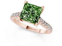 Fancy Green Princess Cut Diamond Solitaire Ring Set in Rose gold with Brilliant Pavé Band and Prong Setting