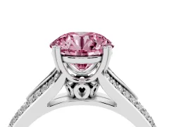 Fancy Pink Round Cut Diamond Split Shank Pavé Engagement Ring Set in Platinum with Prong-Set Center Stone