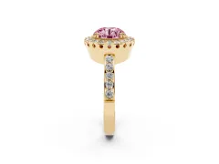 Fancy Pink Round Cut Diamond Halo Ring Set in Yellow gold with Pavé Shank and Prong Setting
