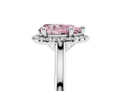 Fancy Pink Pear Cut Diamond Halo Engagement Ring Set in Platinum with Pavé Band and Rising Shoulders