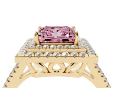 Fancy Pink Princess Cut Diamond Double Halo Ring Set in Yellow gold with Pavé Band