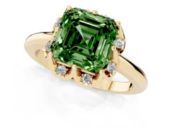 Fancy Green Asscher Cut Diamond Round Cluster Halo Ring Set in Yellow gold with Solitaire Band and Prong Setting