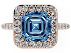 Fancy Blue Asscher Cut Diamond Halo Engagement Ring Set in Rose gold with Round Pavé Shoulders and Heart Gallery