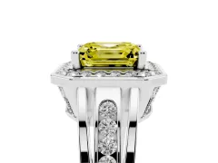 Fancy Yellow Asscher Cut Diamond Halo Ring Set in White gold with Pavé and Bezel Accent Split Shank