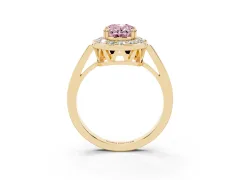 Fancy Pink Oval Cut Diamond Halo Ring Set in Yellow gold with Accent-Lined Split Shank and Prong Setting