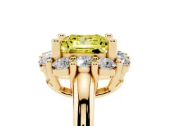 Fancy Yellow Princess Cut Diamond Halo Cluster Engagement Ring Set in Yellow gold with Polished Band and Prong Setting