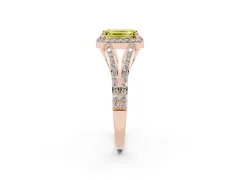Fancy Yellow Emerald Cut Diamond Halo Split Shank Pavé Ring Set in Rose gold with Prong Setting