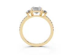 Asscher Cut Diamond Three-Stone Ring Set in Yellow gold with Pavé Band and Graduated Sides