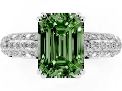 Fancy Green Emerald Cut Diamond Solitaire Ring Set in Platinum with Multi-Row Round Pavé Band and Prong Setting