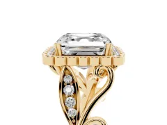 Asscher Cut Diamond Halo Ring Set in Yellow gold with Leaf Motif Split Shank and Prong Setting