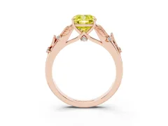 Fancy Yellow Cushion Cut Diamond Solitaire Ring Set in Rose gold with Leaf Motif Band