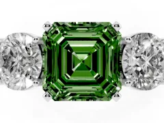 Fancy Green Asscher Cut Diamond Three-Stone Ring Set in Platinum with Round Side Stones and Classic Band