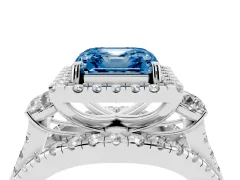Fancy Blue Asscher Cut Diamond Halo Split Shank Ring Set in White gold with Round Accent Stones and Prong Setting