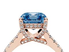 Fancy Blue Asscher Cut Diamond Solitaire Ring Set in Rose gold with Brilliant Pavé Band and Prong Setting