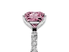 Fancy Pink Princess Cut Diamond Solitaire Engagement Ring Set in White gold with Round Pavé Band and Prong Setting